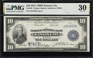 image for: Fr. 816. 1915 $10 Federal Reserve Bank Note. Kansas City. PMG Very Fine 30.