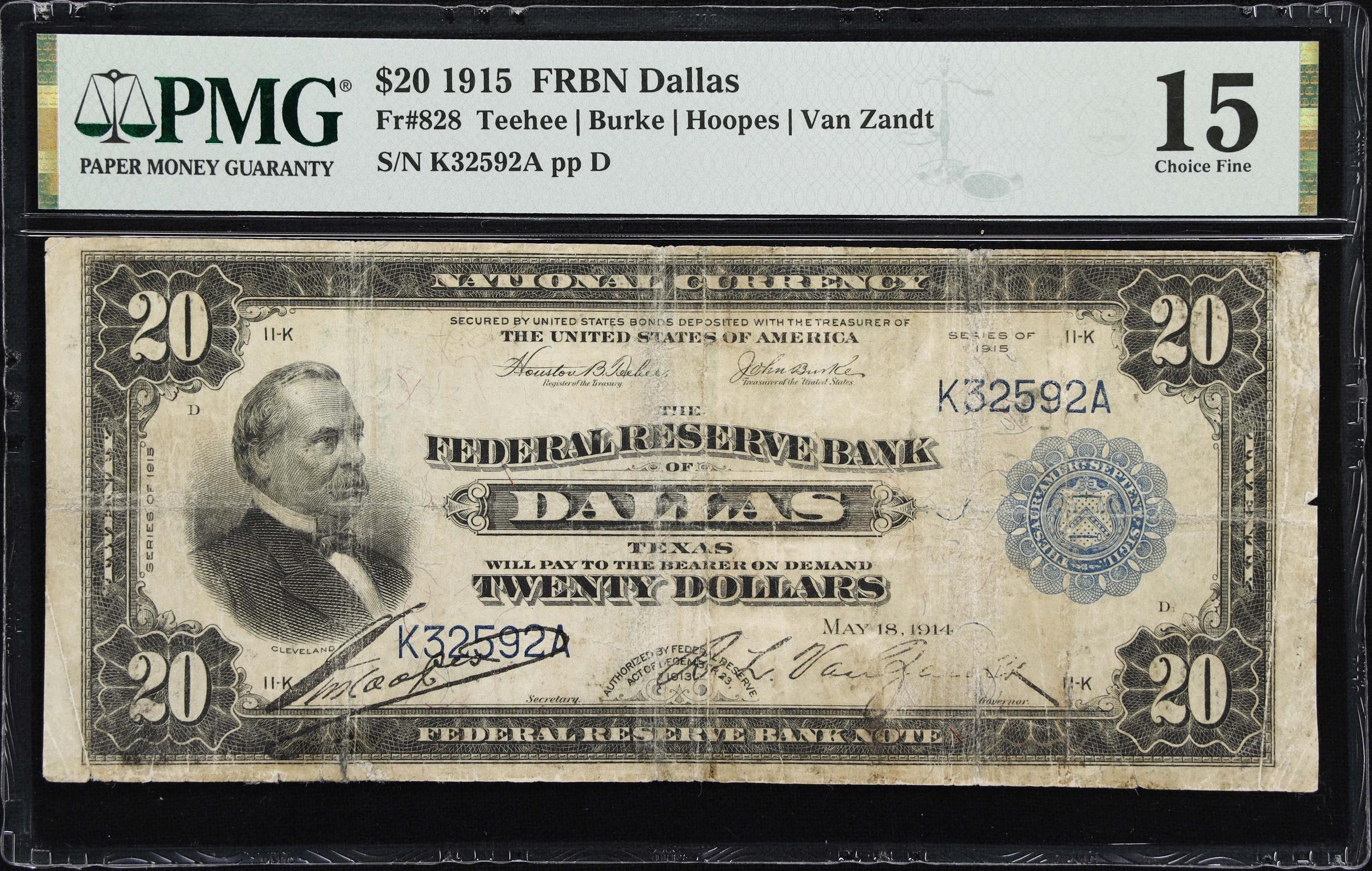 image for: Fr. 828. 1915 $20 Federal Reserve Bank Note. Dallas. PMG Choice Fine 15.