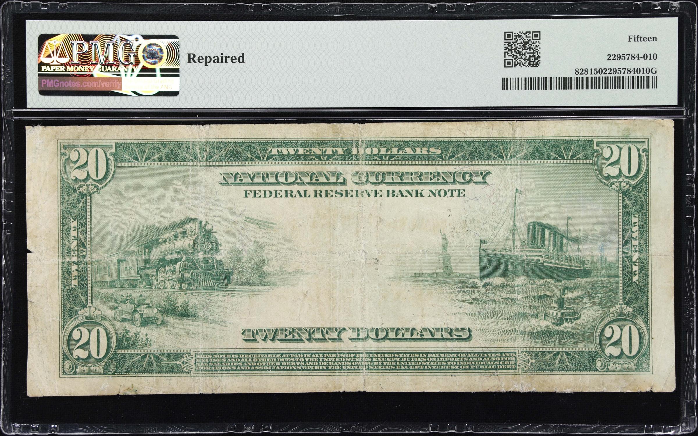 image for: Fr. 828. 1915 $20 Federal Reserve Bank Note. Dallas. PMG Choice Fine 15.