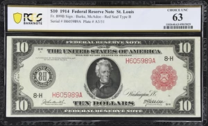 image for: Fr. 899b. 1914 Red Seal $10 Federal Reserve Note. St. Louis. PCGS Banknote Choice Uncirculated 63.