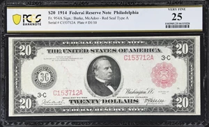 image for: Fr. 954a. 1914 Red Seal $20 Federal Reserve Note. Philadelphia. PCGS Banknote Very Fine 25.