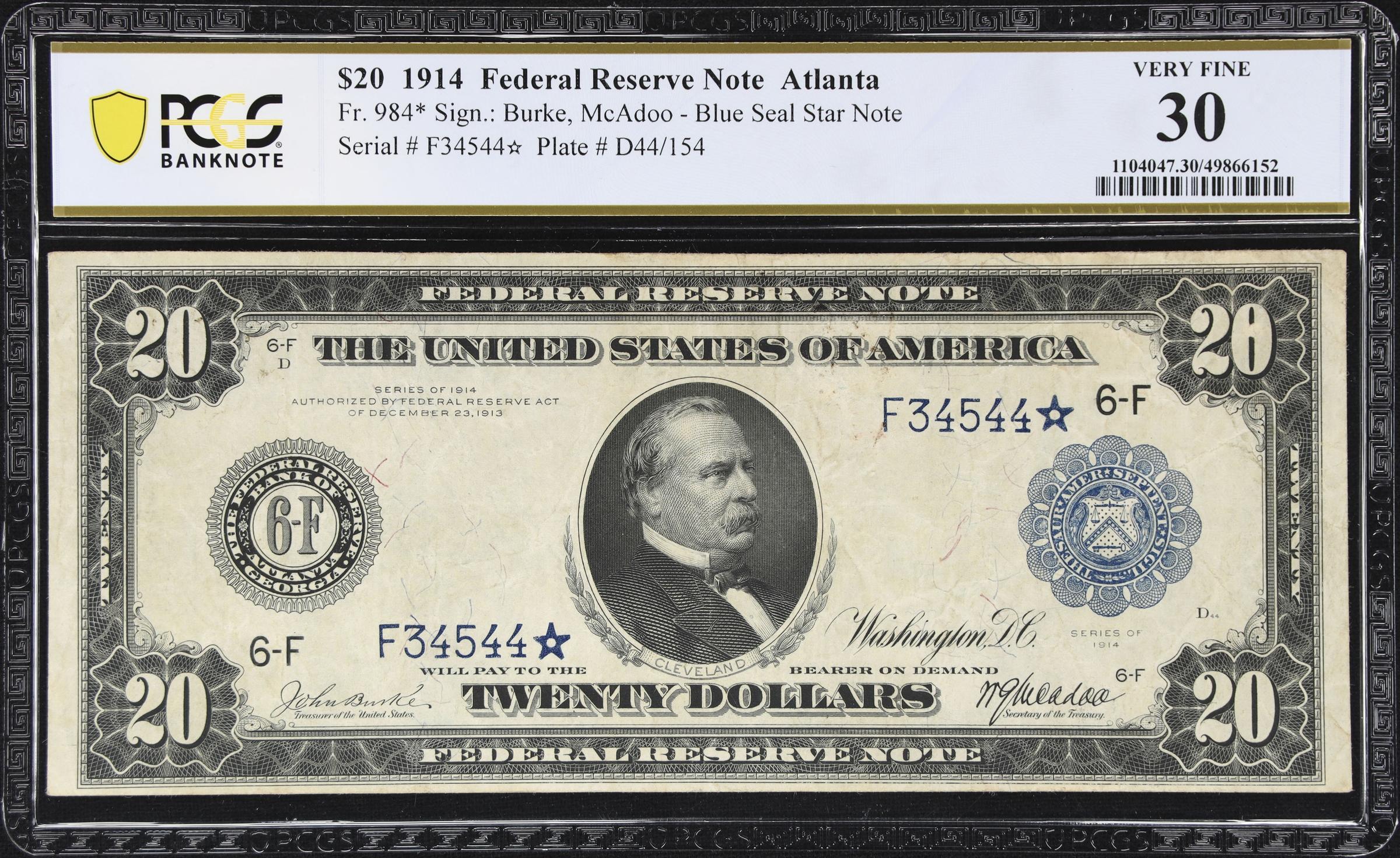 image for: Fr. 984*. 1914 $20 Federal Reserve Star Note. Atlanta. PCGS Banknote Very Fine 30.