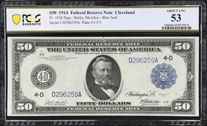 image for: Fr. 1036. 1914 $50 Federal Reserve Note. Cleveland. PCGS Banknote About Uncirculated 53.