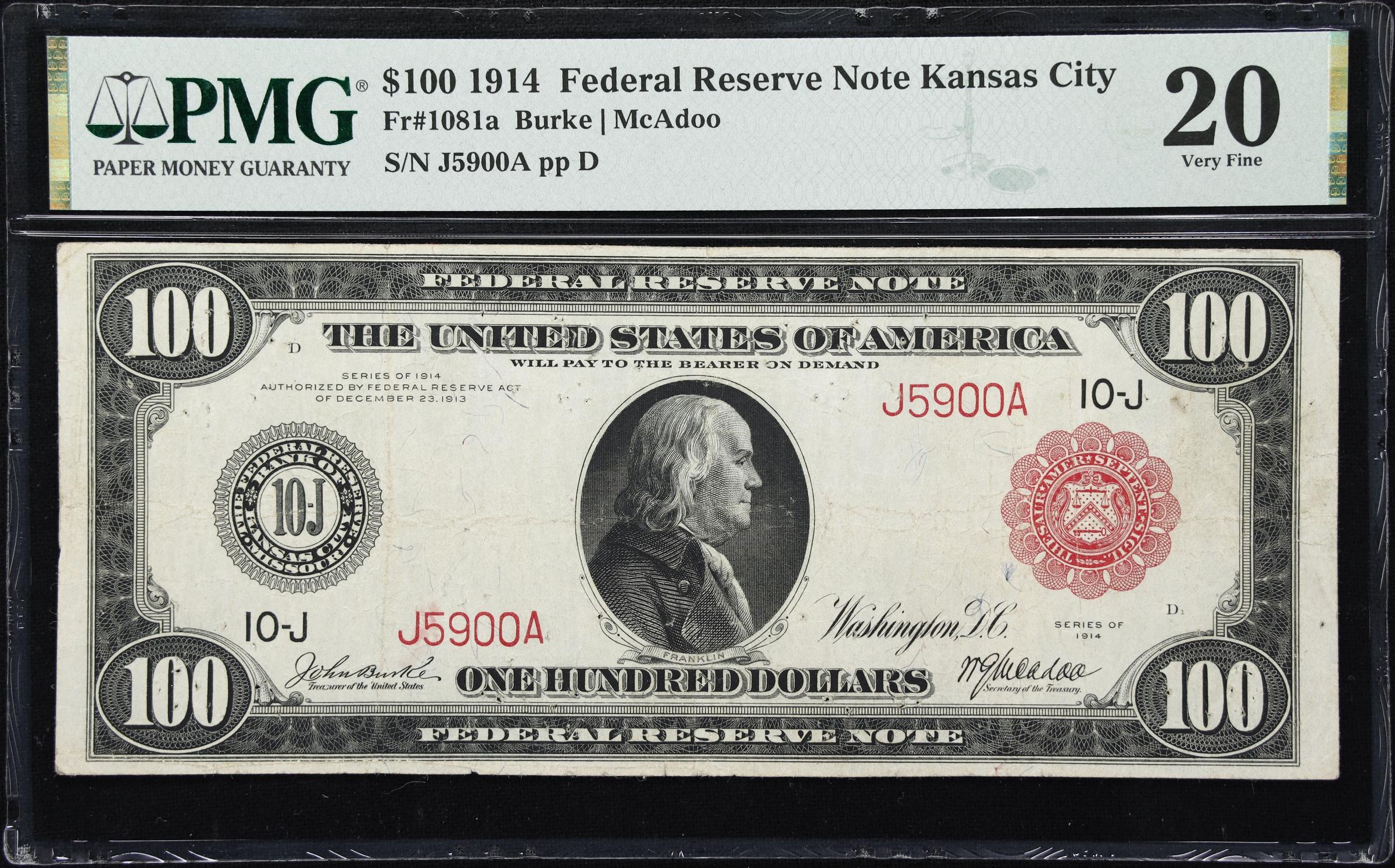 image for: Fr. 1081a. 1914 Red Seal $100 Federal Reserve Note. Kansas City. PMG Very Fine 20.