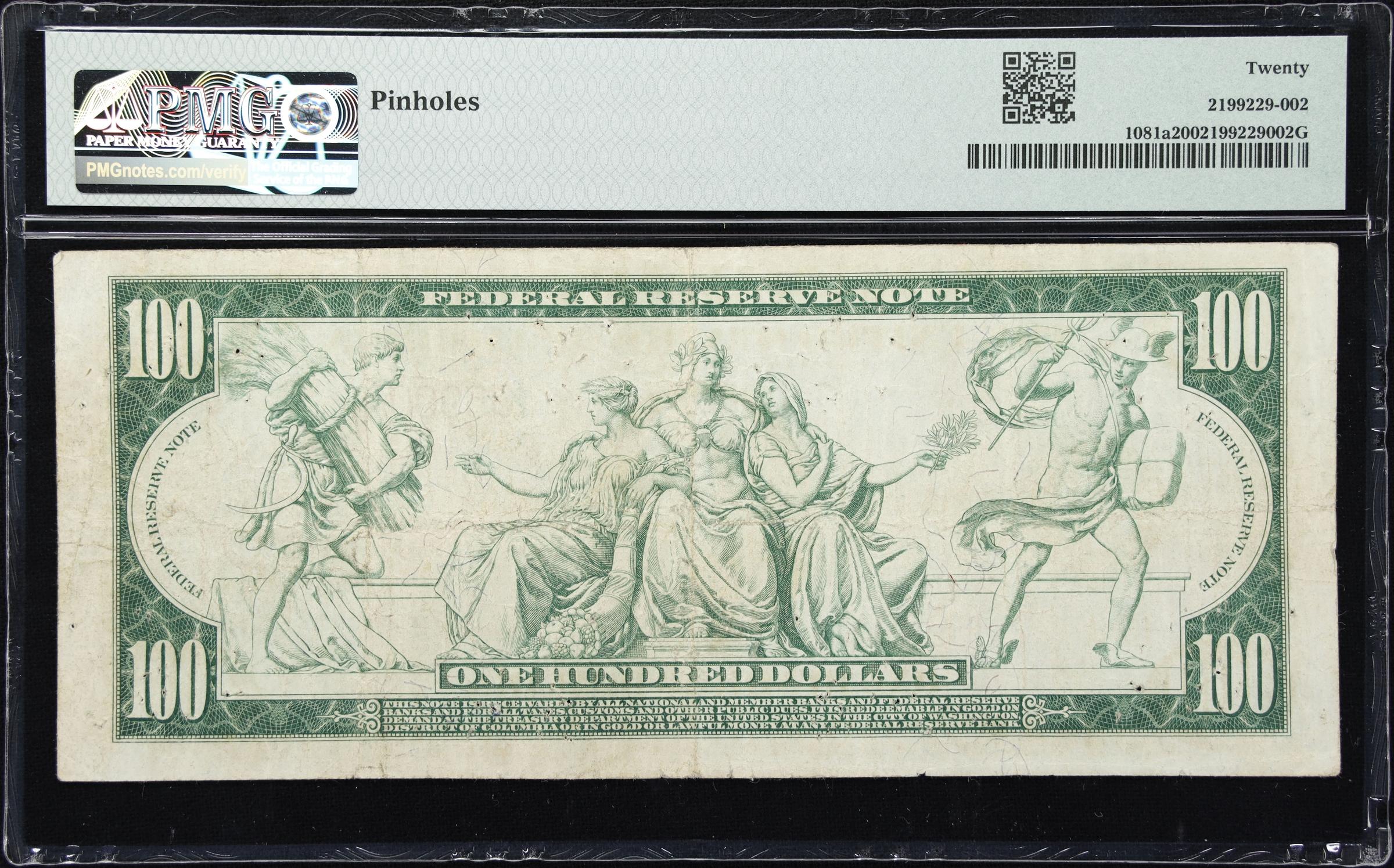 image for: Fr. 1081a. 1914 Red Seal $100 Federal Reserve Note. Kansas City. PMG Very Fine 20.