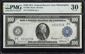 image for: Fr. 1092. 1914 $100 Federal Reserve Note. Philadelphia. PMG Very Fine 30.
