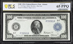 image for: Fr. 1104. 1914 $100 Federal Reserve Note. Atlanta. PCGS Banknote Gem Uncirculated 65 PPQ.