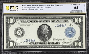 image for: Fr. 1128. 1914 $100 Federal Reserve Note. San Francisco. PCGS Banknote Choice Uncirculated 64 Details. Minor Masking.
