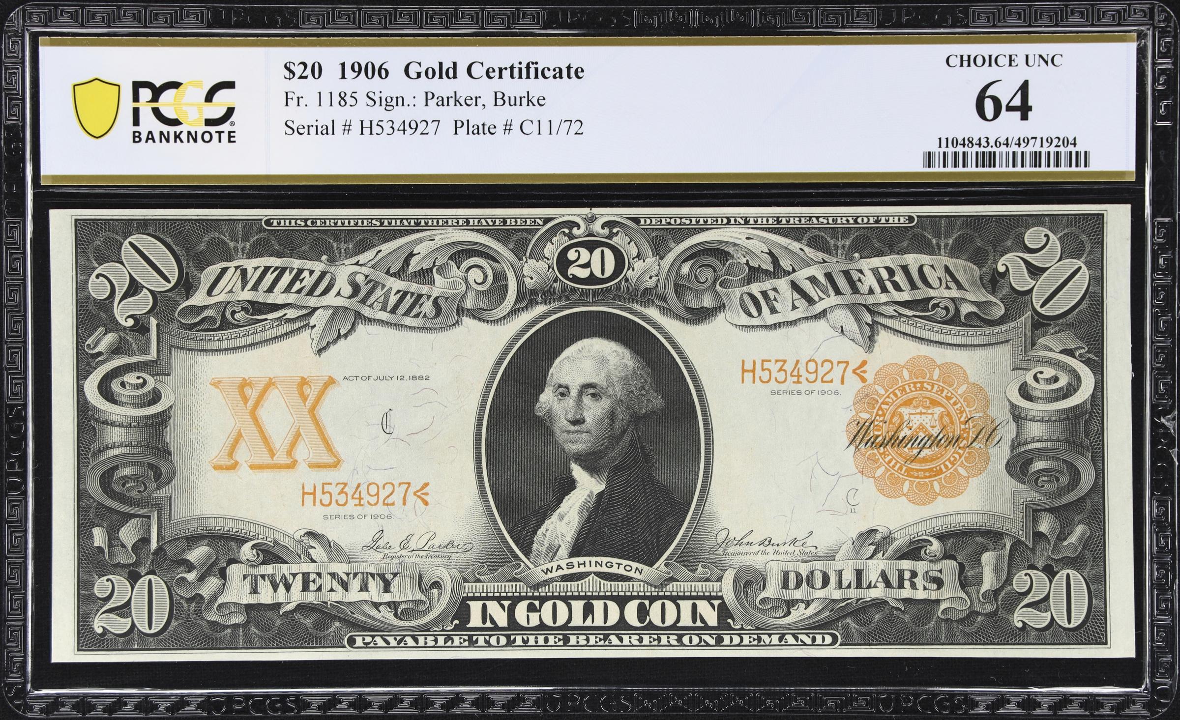 image for: Fr. 1185. 1906 $20 Gold Certificate. PCGS Banknote Choice Uncirculated 64.