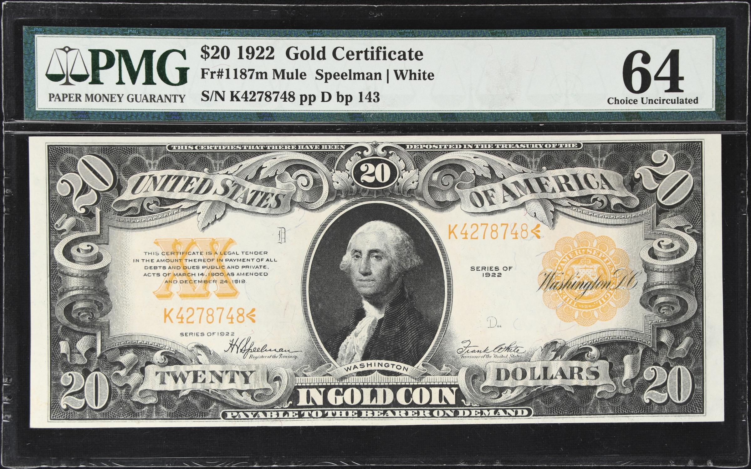 image for: Fr. 1187m. 1922 $20 Gold Certificate Mule Note. PMG Choice Uncirculated 64.