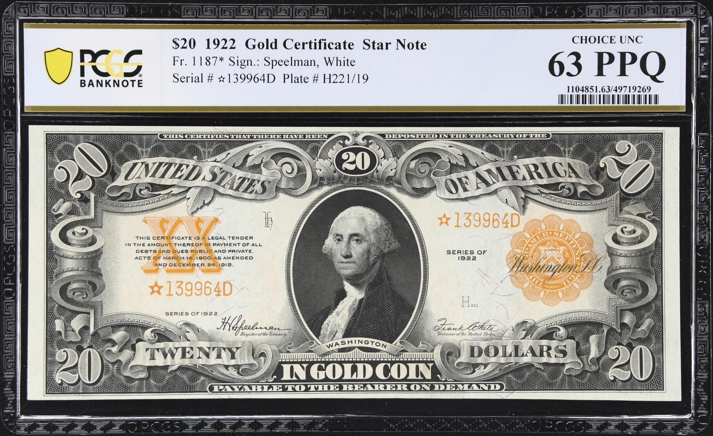 image for: Fr. 1187*. 1922 $20 Gold Certificate Star Note. PCGS Banknote Choice Uncirculated 63 PPQ.