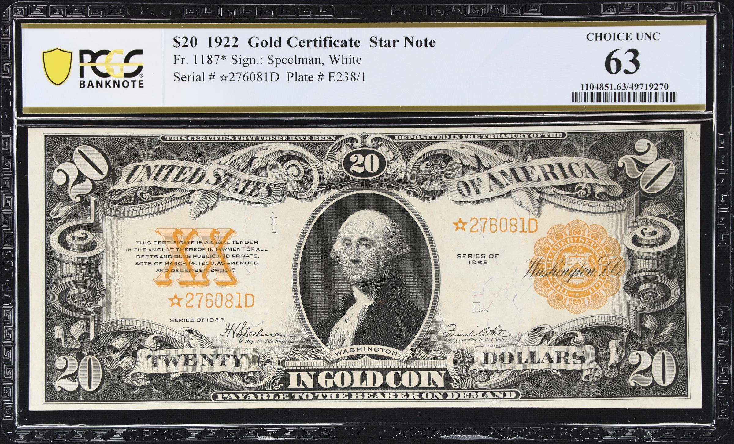 image for: Fr. 1187*. 1922 $20 Gold Certificate Star Note. PCGS Banknote Choice Uncirculated 63.
