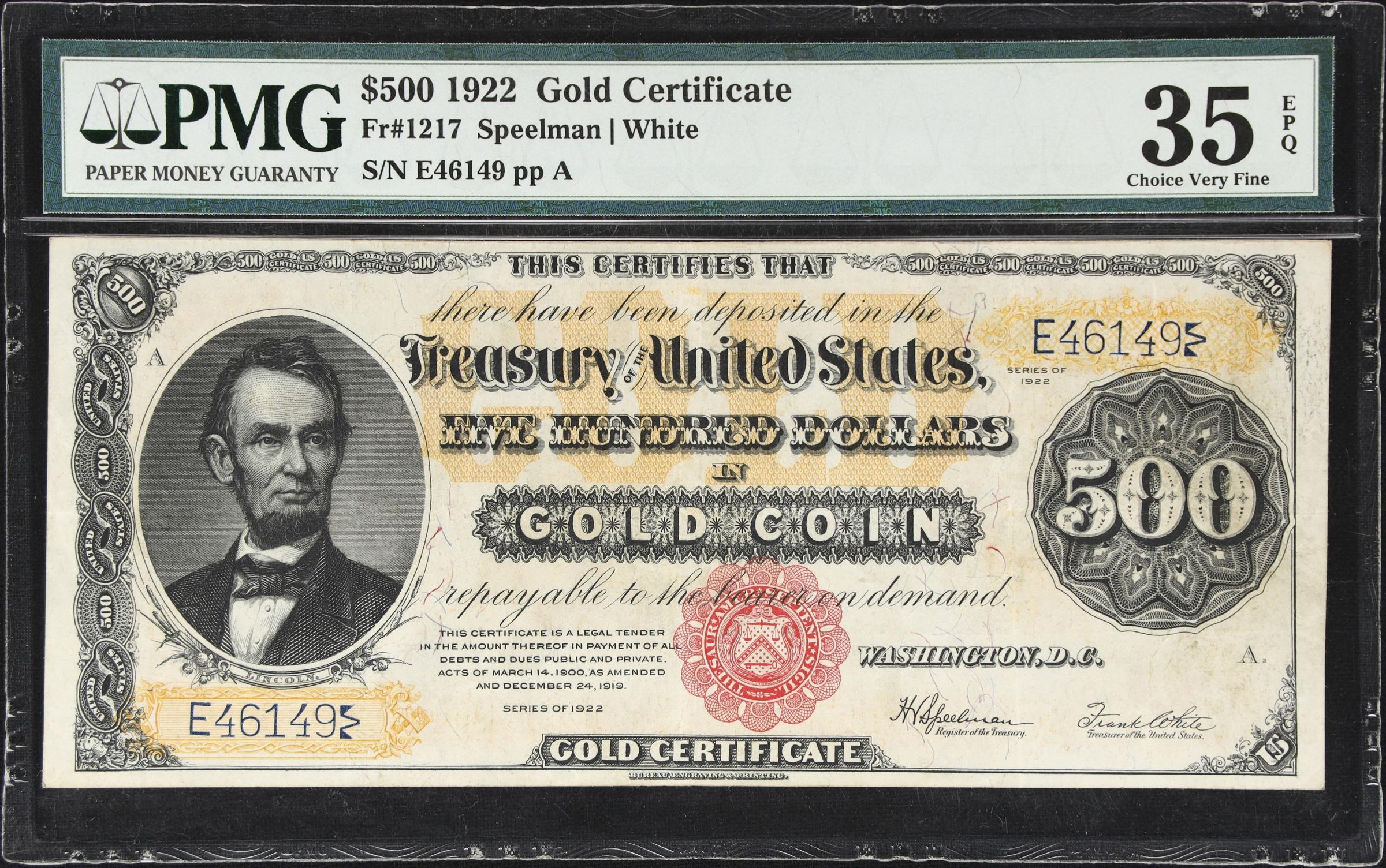 image for: Fr. 1217. 1922 $500 Gold Certificate. PMG Choice Very Fine 35 EPQ.