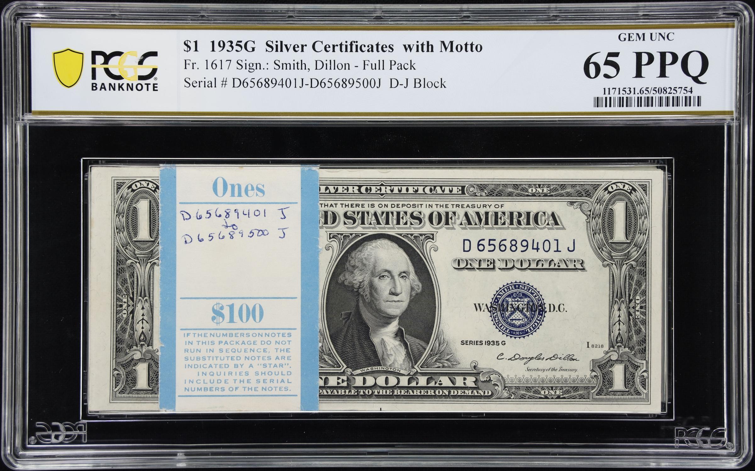 image for: Pack of (100) Fr. 1617. 1935G $1 Silver Certificates. PCGS Banknote Gem Uncirculated 65 PPQ.
