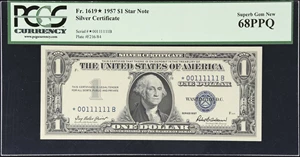 image for: Fr. 1619*. 1957 $1 Silver Certificate Star Note. PCGS Currency Superb Gem New 68 PPQ. Fancy Serial Number.