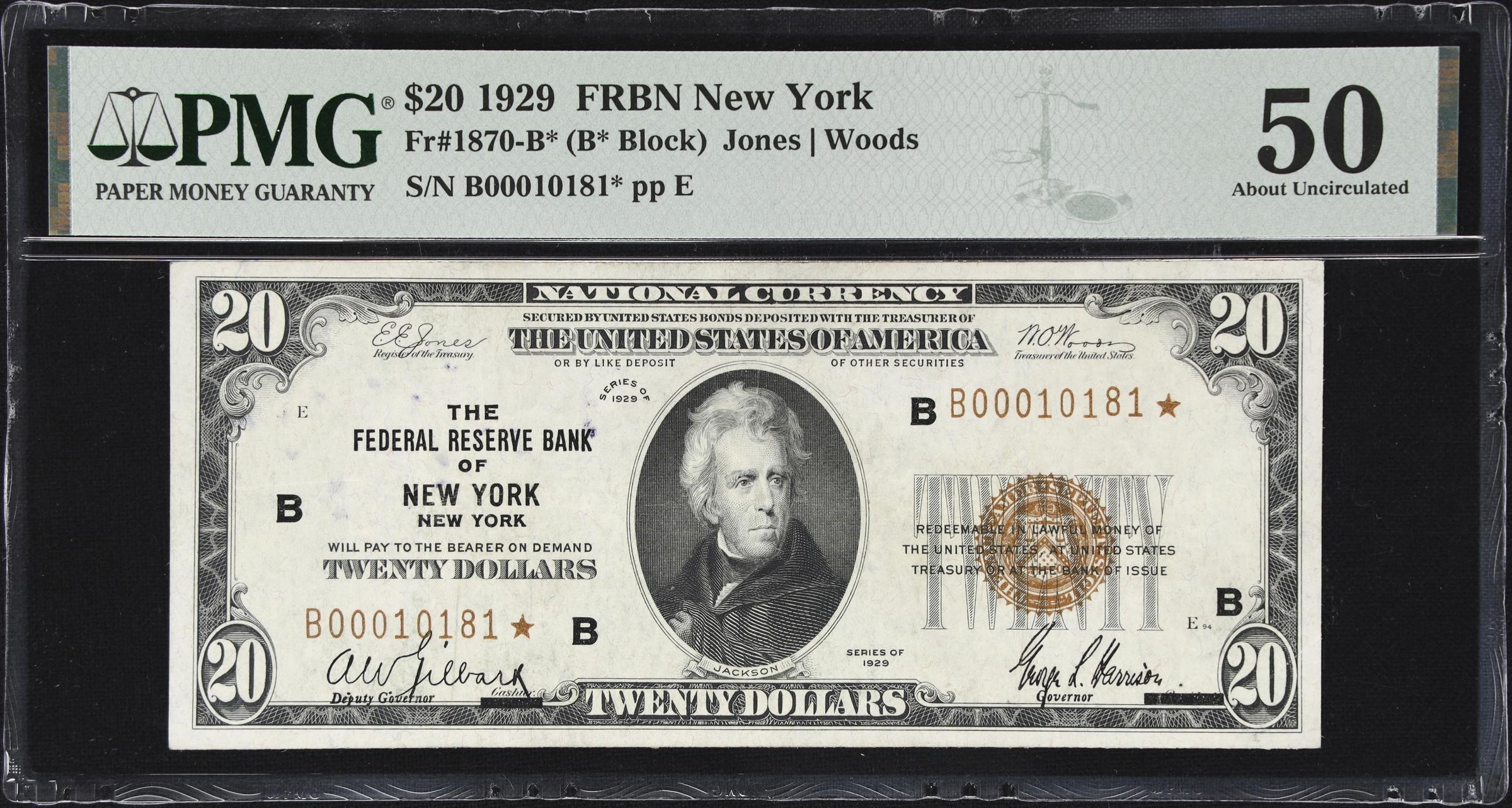 image for: Fr. 1870-B*. 1929 $20 Federal Reserve Bank Star Note. New York. PMG About Uncirculated 50.