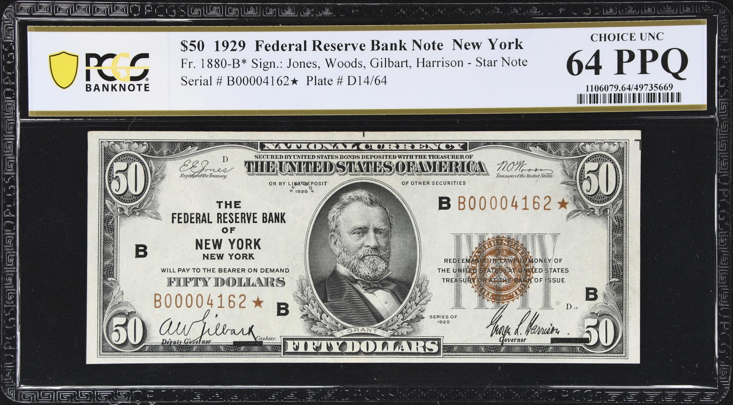 image for: Fr. 1880-B*. 1929 $50 Federal Reserve Bank Star Note. New York. PCGS Banknote Choice Uncirculated 64 PPQ.