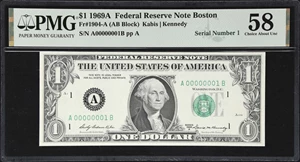 image for: Fr. 1904-A. 1969A $1 Federal Reserve Note. Boston. PMG Choice About Uncirculated 58. Serial Number 1.