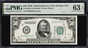 image for: Fr. 2100-J. 1928 $50 Federal Reserve Note. Kansas City. PMG Choice Uncirculated 63 EPQ.