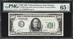 image for: Fr. 2200-Gdgs. 1928 Dark Green Seal $500 Federal Reserve Note. Chicago. PMG Gem Uncirculated 65 EPQ.