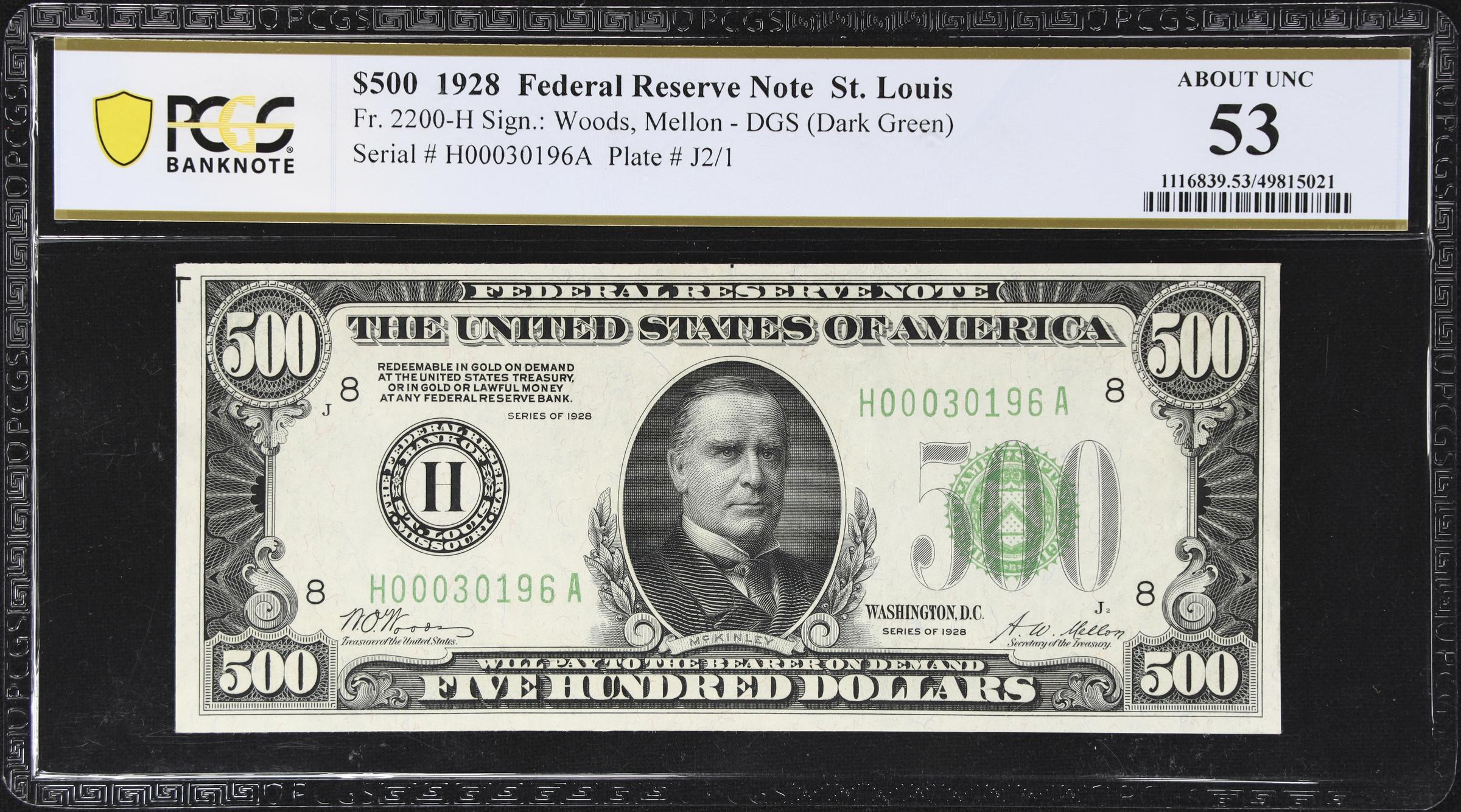 image for: Fr. 2200-H. 1928 Dark Green Seal $500 Federal Reserve Note. St. Louis. PCGS Banknote About Uncirculated 53.