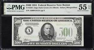 image for: Fr. 2201-Adgs. 1934 Dark Green Seal $500 Federal Reserve Note. Boston. PMG About Uncirculated 55 EPQ.