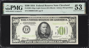 image for: Fr. 2201-Dlgs. 1934 Light Green Seal $500 Federal Reserve Note. Cleveland. PMG About Uncirculated 53.