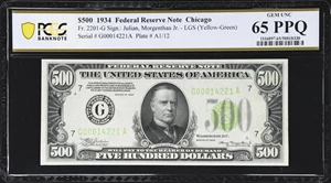 image for: Fr. 2201-G. 1934 Light Green Seal $500 Federal Reserve Note. Chicago. PCGS Banknote Gem Uncirculated 65 PPQ.
