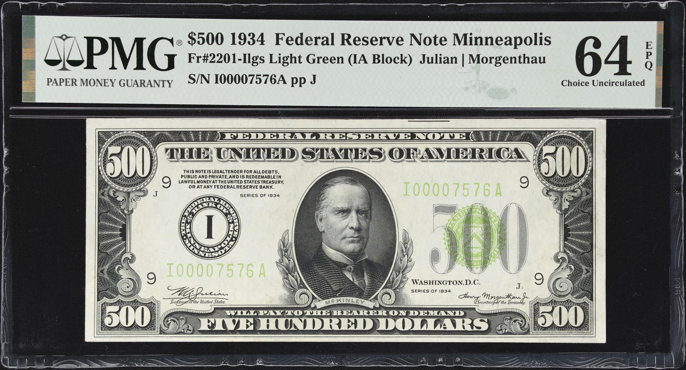 image for: Fr. 2201-Ilgs. 1934 Light Green Seal $500 Federal Reserve Note. Minneapolis. PMG Choice Uncirculated 64 EPQ.