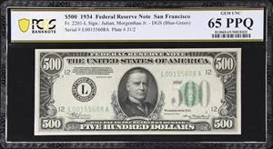 image for: Fr. 2201-L. 1934 Dark Green Seal $500 Federal Reserve Note. San Francisco. PCGS Banknote Gem Uncirculated 65 PPQ.
