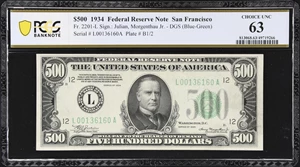 image for: Fr. 2201-L. 1934 Dark Green Seal $500 Federal Reserve Note. San Francisco. PCGS Banknote Choice Uncirculated 63.