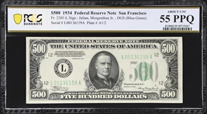 image for: Fr. 2201-L. 1934 Dark Green Seal $500 Federal Reserve Note. San Francisco. PCGS Banknote About Uncirculated 55 PPQ.