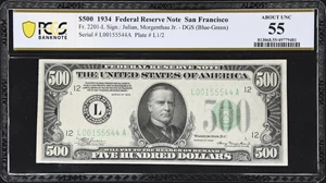 image for: Fr. 2201-L. 1934 Dark Green Seal $500 Federal Reserve Note. San Francisco. PCGS Banknote About Uncirculated 55.