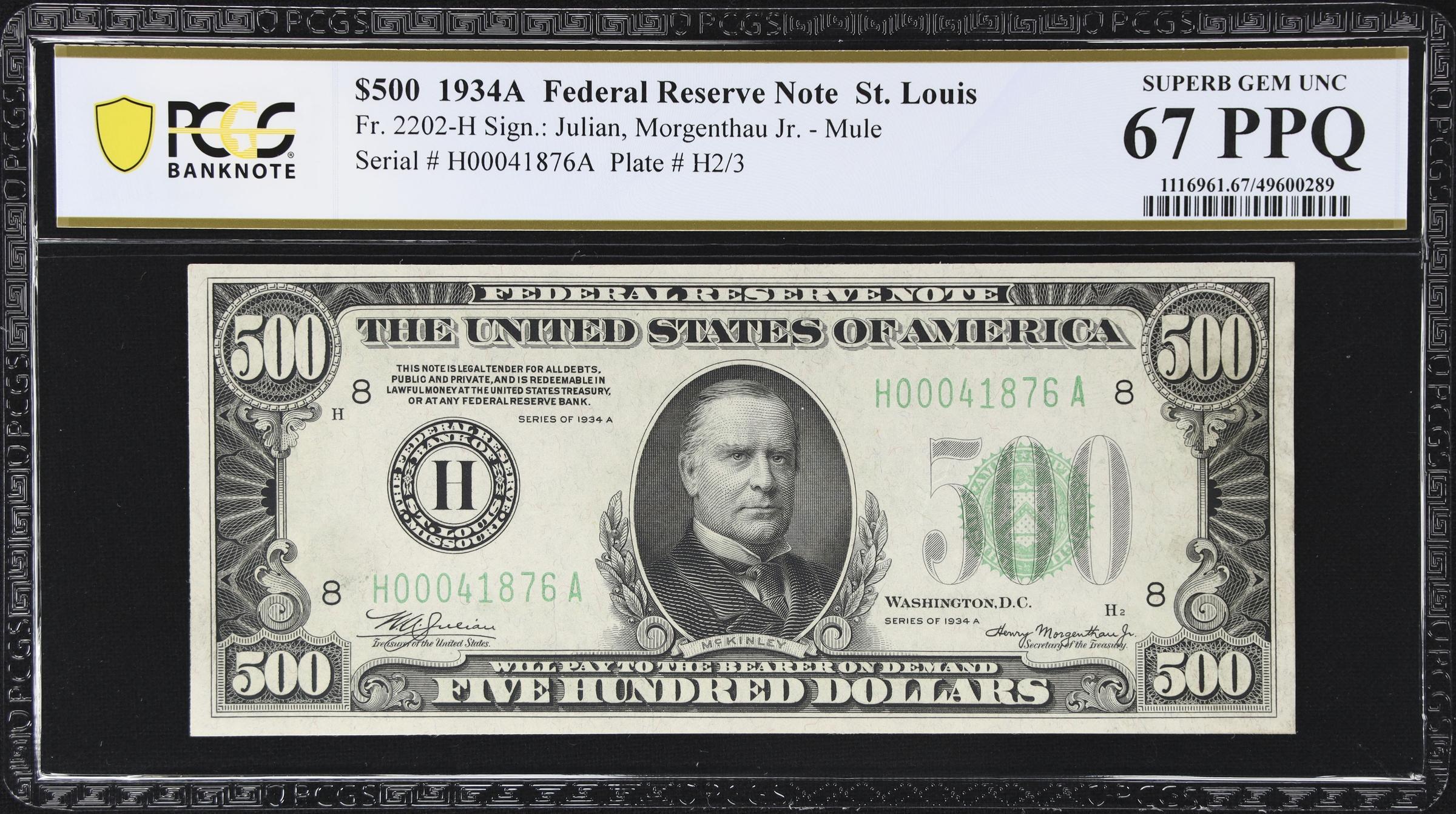 image for: Fr. 2202-H. 1934A $500 Federal Reserve Note. Mule. St. Louis. PCGS Banknote Superb Gem Uncirculated 67 PPQ.