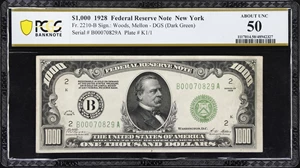 image for: Fr. 2210-B. 1928 Dark Green Seal $1000 Federal Reserve Note. New York. PCGS Banknote About Uncirculated 50.