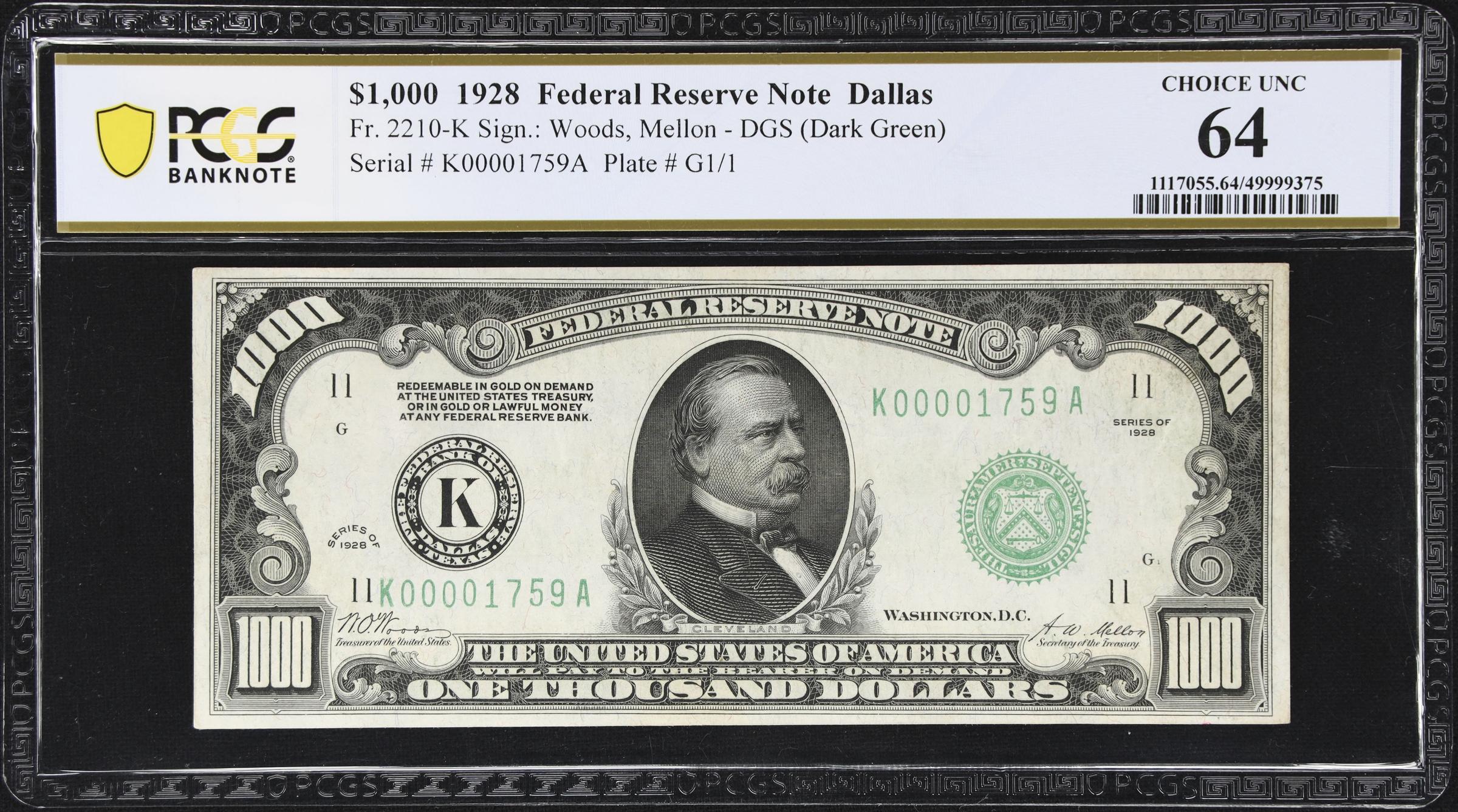 image for: Fr. 2210-K. 1928 Dark Green Seal $1000 Federal Reserve Note. Dallas. PCGS Banknote Choice Uncirculated 64.