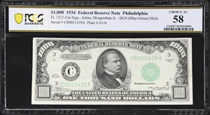 image for: Fr. 2211-Cm. 1934 Dark Green Seal $1000 Federal Reserve Note. Mule. Philadelphia. PCGS Banknote Choice About Uncirculated 58.
