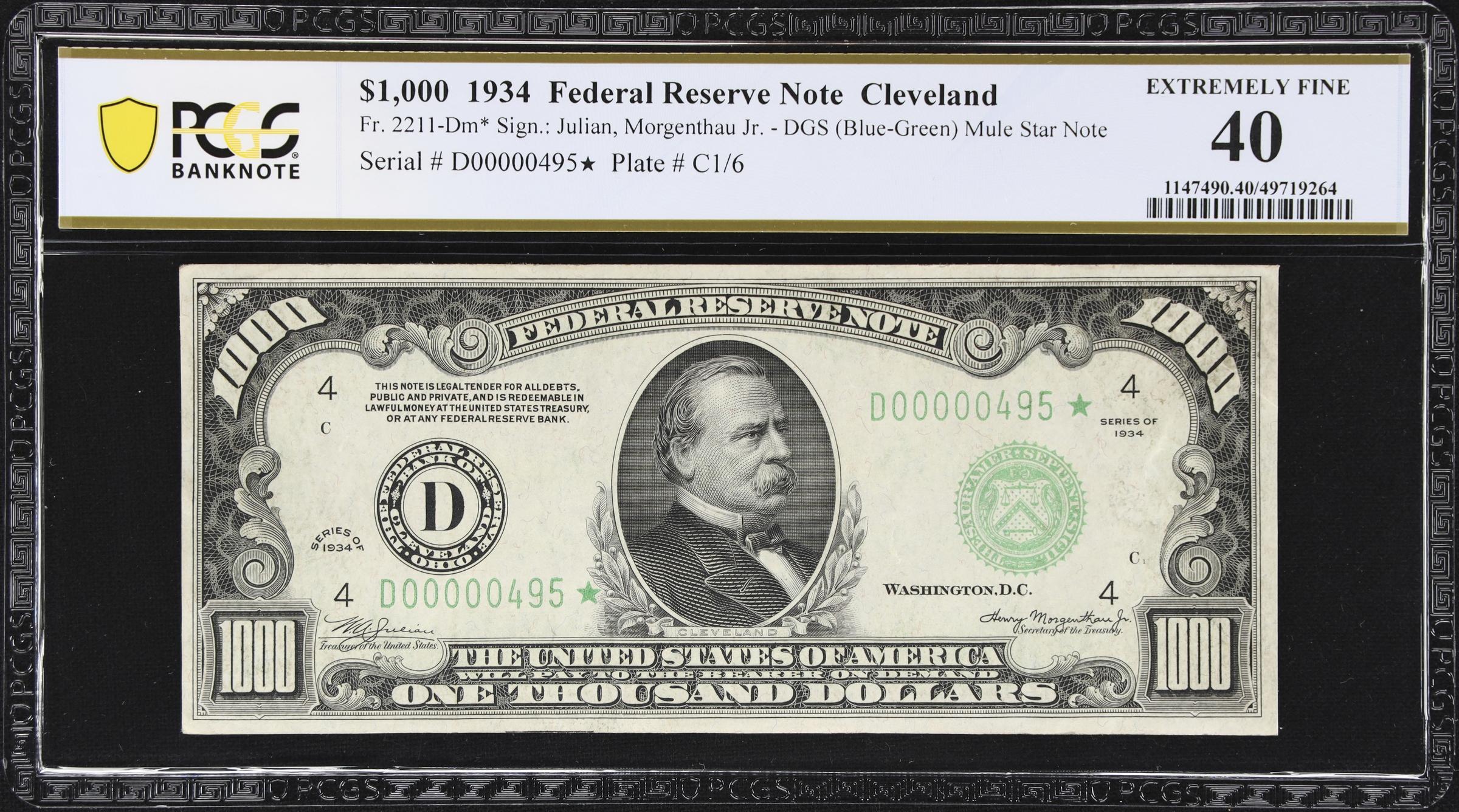 image for: Fr. 2211-Dm*. 1934 Dark Green Seal $1000 Federal Reserve Star Note. Mule. Cleveland. PCGS Banknote Extremely Fine 40.