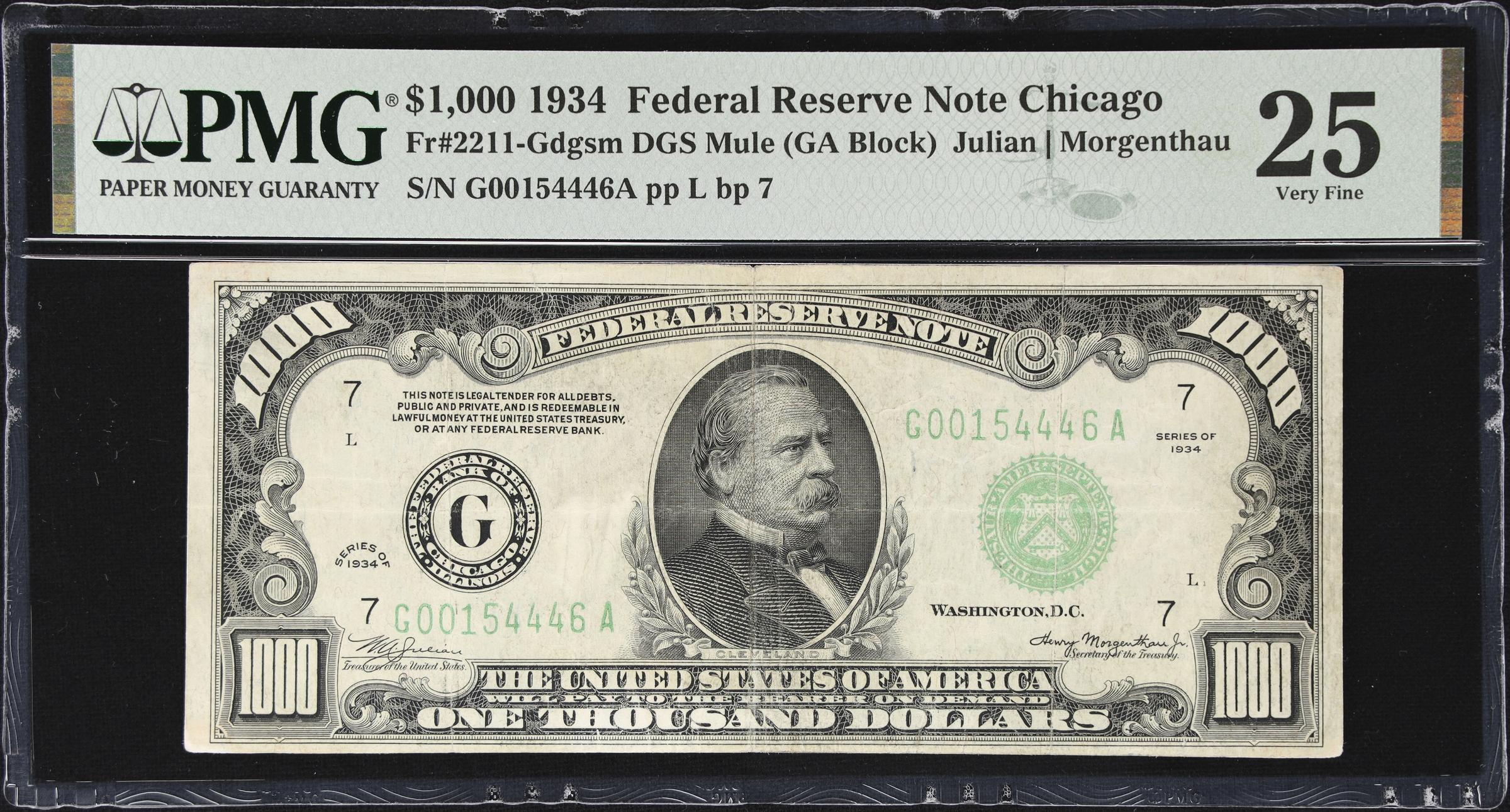 image for: Fr. 2211-Gdgsm. 1934 Dark Green Seal $1000 Federal Reserve Note. Mule. Chicago. PMG Very Fine 25.