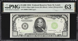 image for: Fr. 2211-Hlgs. 1934 Light Green Seal $1000 Federal Reserve Note. St. Louis. PMG Choice Uncirculated 63.