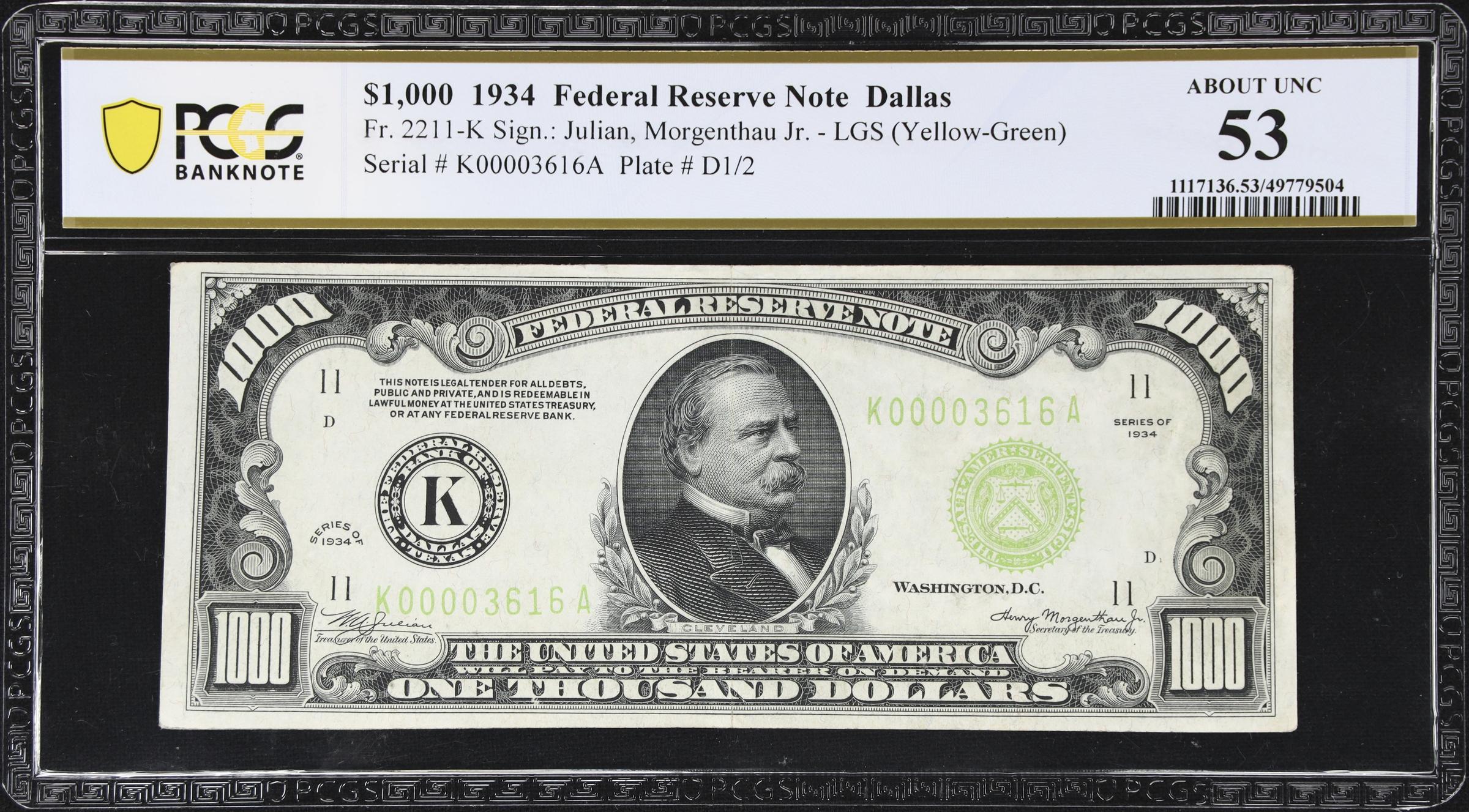 image for: Fr. 2211-K. 1934 Light Green Seal $1000 Federal Reserve Note. Dallas. PCGS Banknote About Uncirculated 53.