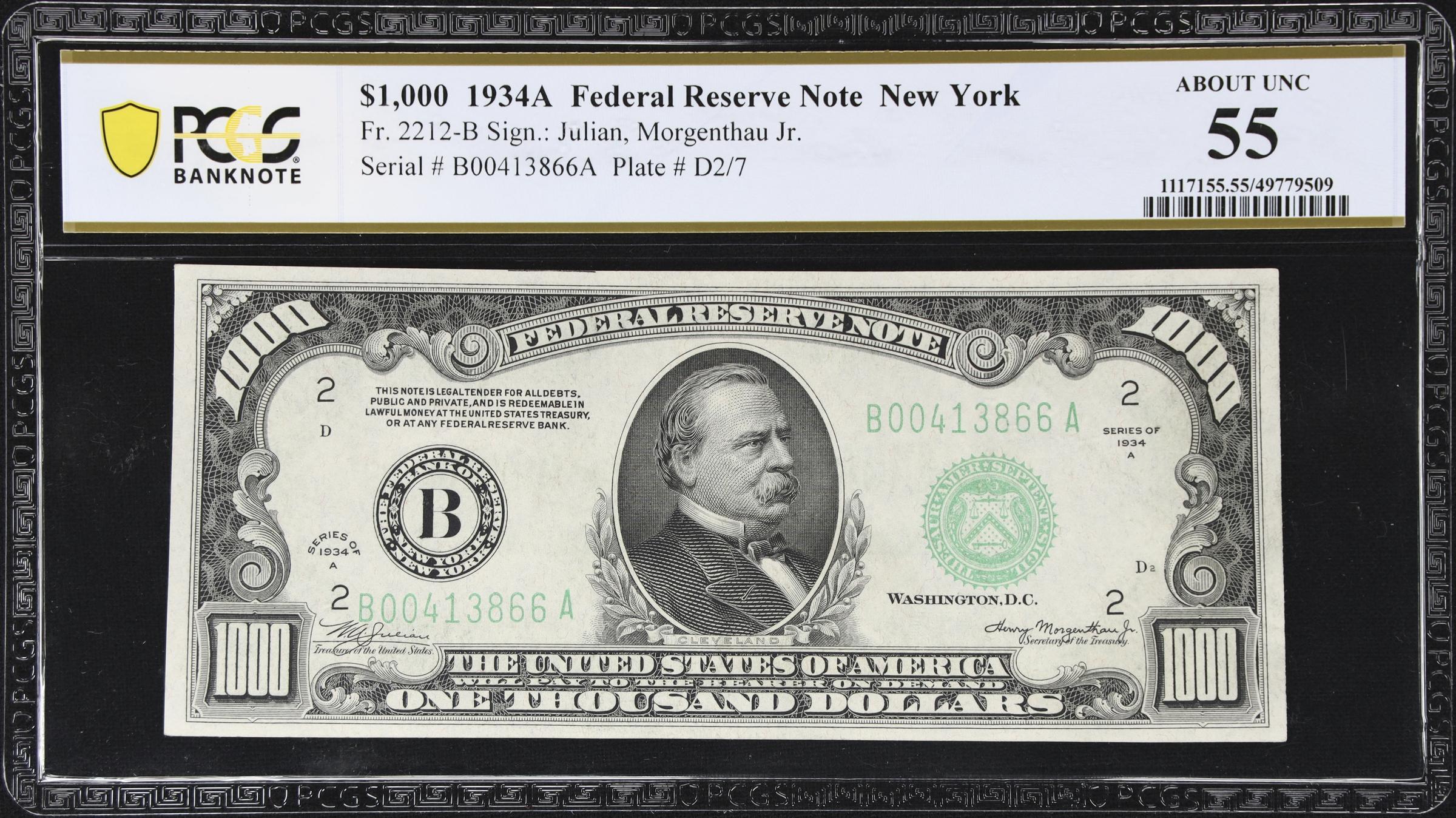 image for: Fr. 2212-B. 1934A $1000 Federal Reserve Note. New York. PCGS Banknote About Uncirculated 55.