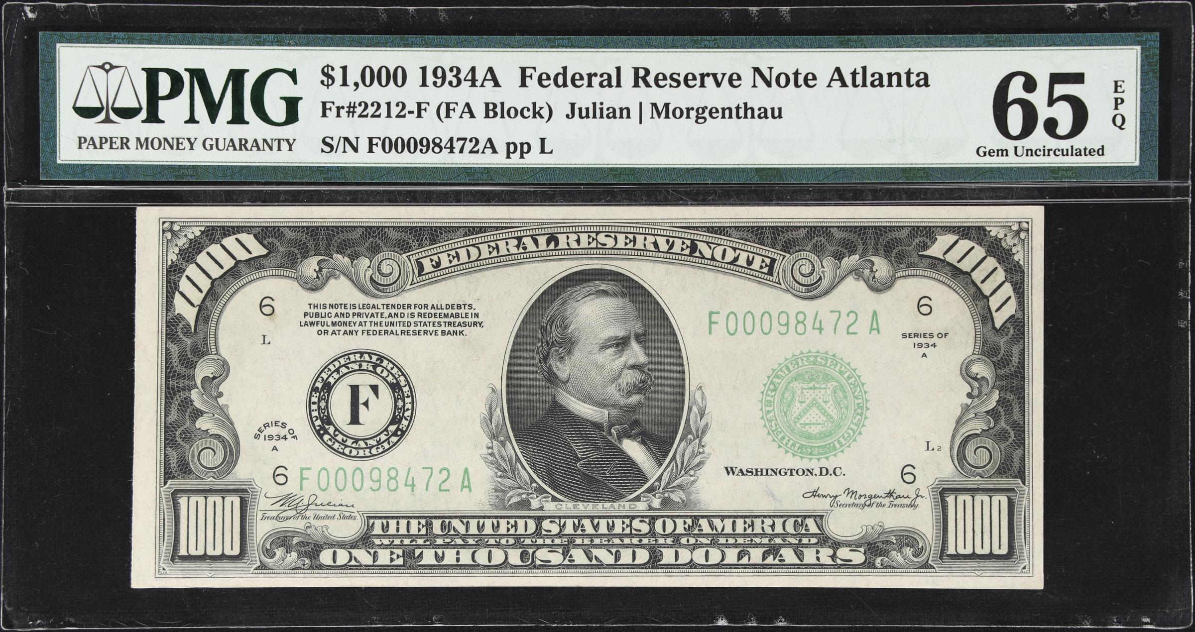 image for: Fr. 2212-F. 1934A $1000 Federal Reserve Note. Atlanta. PMG Gem Uncirculated 65 EPQ.