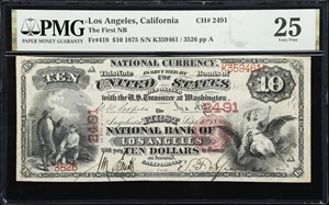image for: Los Angeles, California. $10 1875. Fr. 419. First NB. Charter #2491. PMG Very Fine 25.