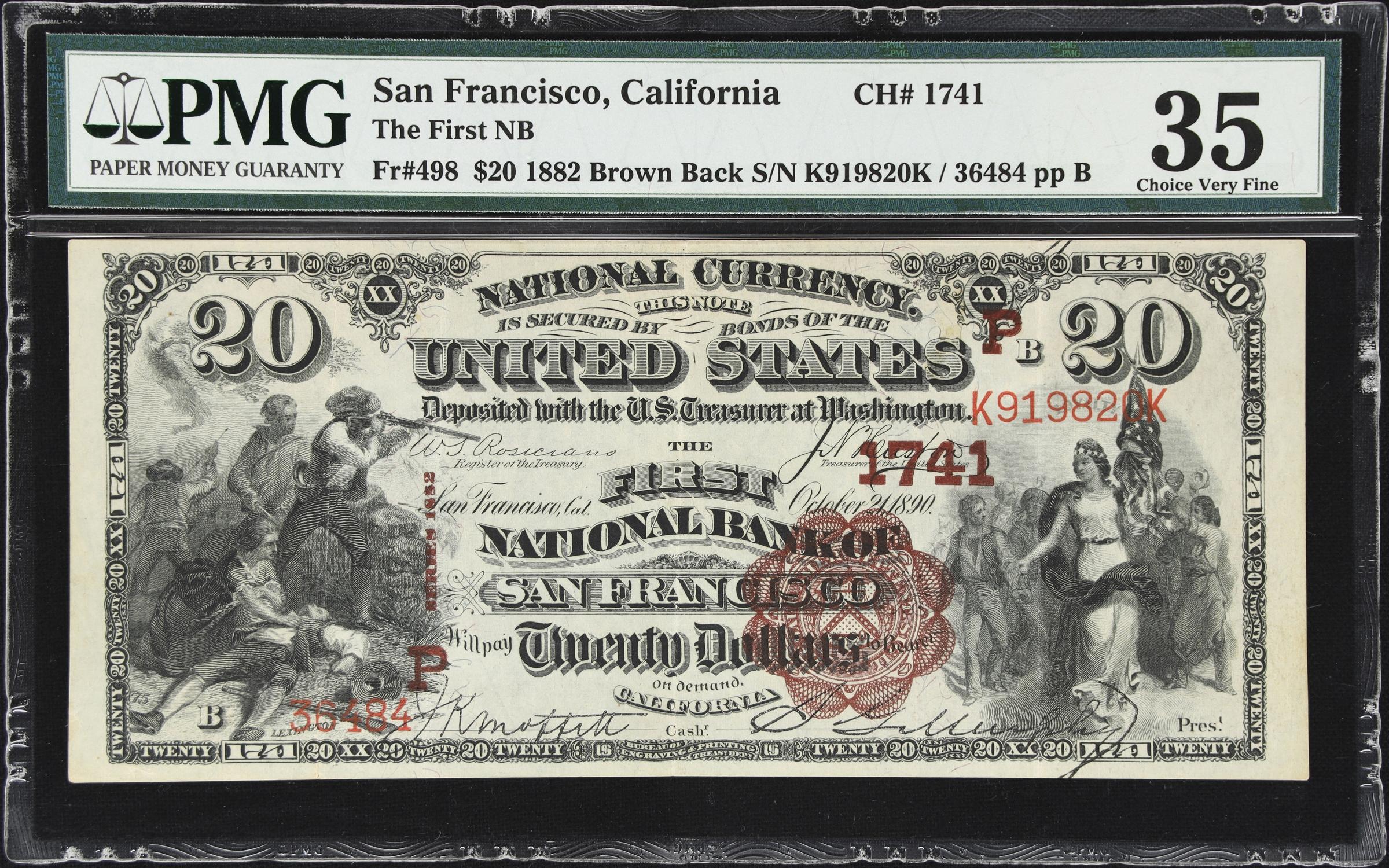 image for: San Francisco, California. $20 1882 Brown Back. Fr. 498. First NB. Charter #1741. PMG Choice Very Fine 35.