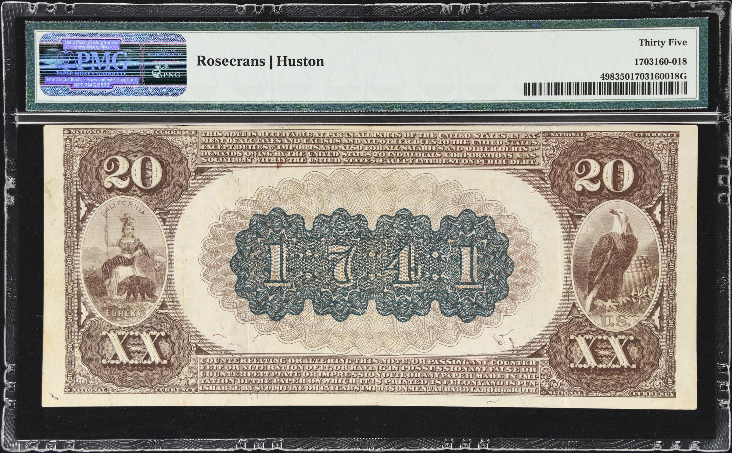 image for: San Francisco, California. $20 1882 Brown Back. Fr. 498. First NB. Charter #1741. PMG Choice Very Fine 35.