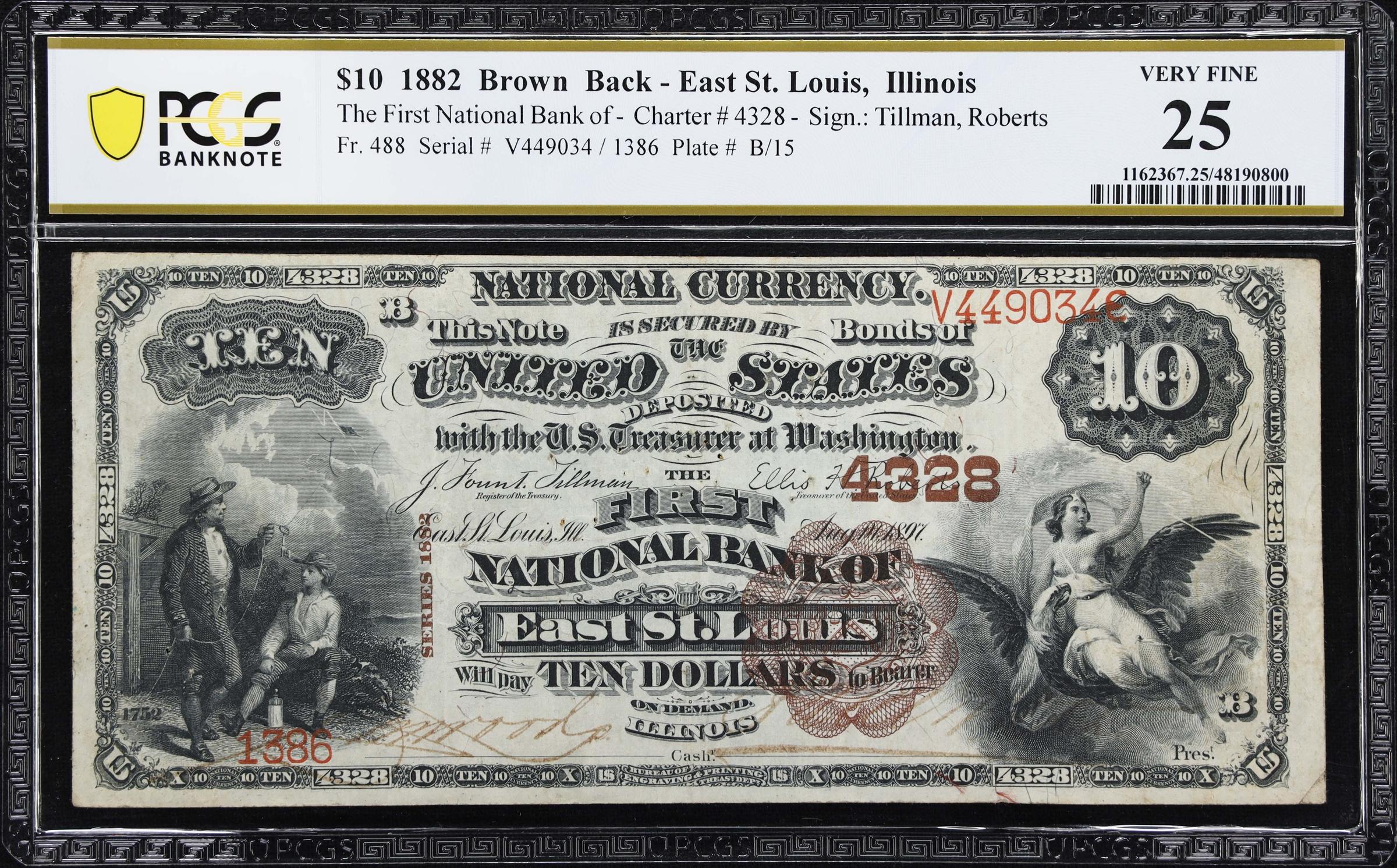 image for: East St. Louis, Illinois. $10 1882 Brown Back. Fr. 488. First NB. Charter #4328. PCGS Banknote Very Fine 25.