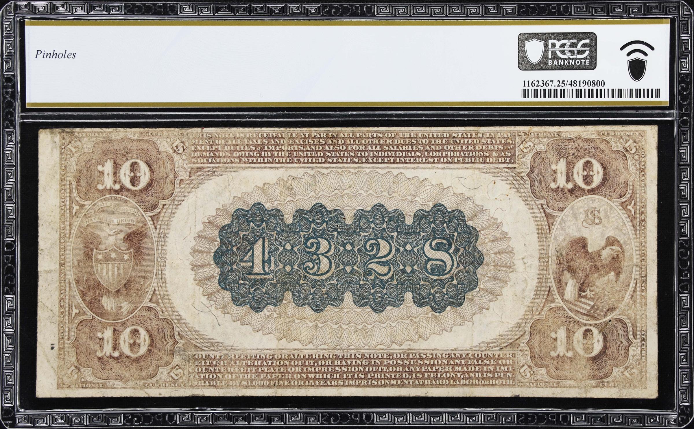 image for: East St. Louis, Illinois. $10 1882 Brown Back. Fr. 488. First NB. Charter #4328. PCGS Banknote Very Fine 25.