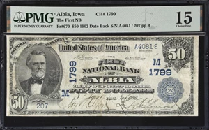 image for: Albia, Iowa. $50 1902 Date Back. Fr. 670. First NB. Charter #1799. PMG Choice Fine 15.