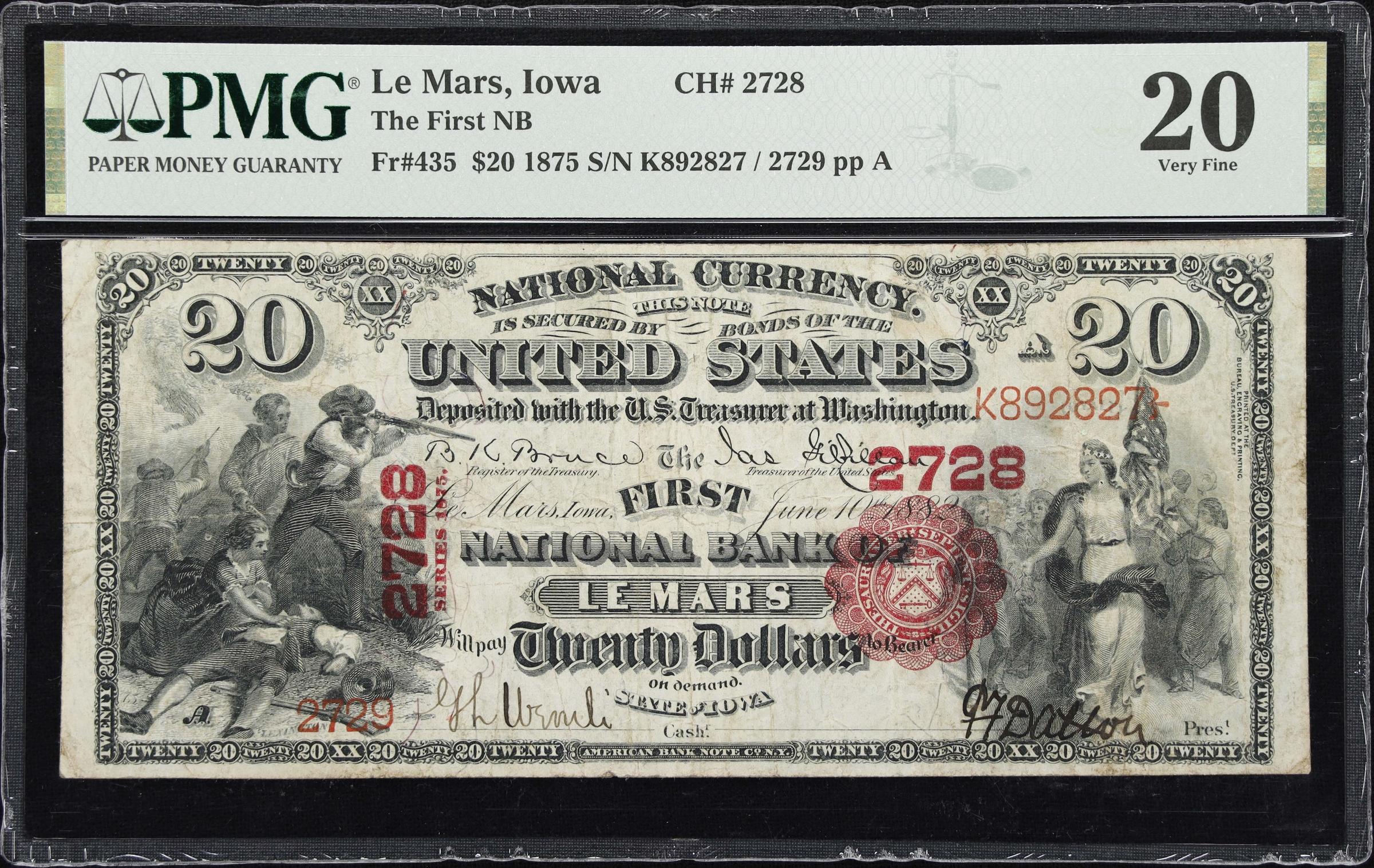 image for: Le Mars, Iowa. $20 1875. Fr. 435. First NB. Charter #2728. PMG Very Fine 20.